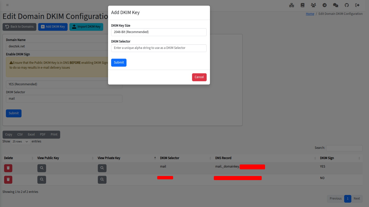 Edit Domain DKIM Configuration page with Enable DKIM Sign toggle, DKIM Selector, and an Add DKIM Key dialog asking for DKIM Key Size (2048-bit recommended) and DKIM Selector. Below: a table of existing public/private keys with their DKIM selectors, DNS records, and sign status.