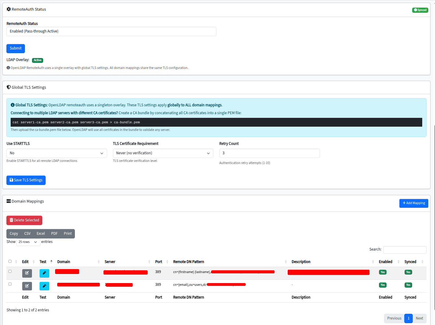 RemoteAuth Status: Enabled, Global TLS Settings (STARTTLS, certificate verification, retry count), and a Domain Mappings table with per-domain server, port 389, remote DN pattern, and synced status.