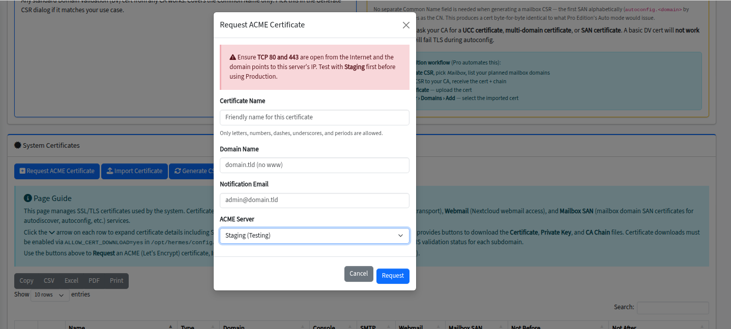 Request ACME Certificate dialog with Certificate Name, Domain Name, Notification Email, and ACME Server (Staging / Production) fields.