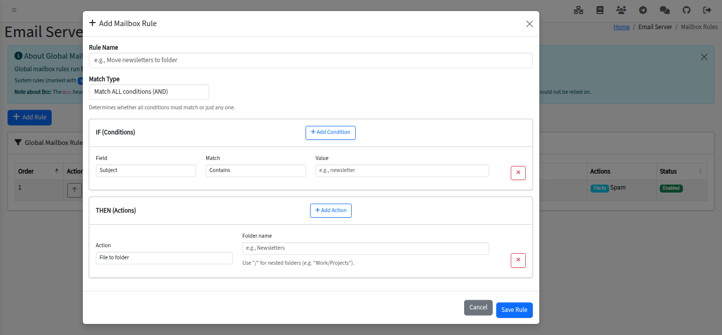 Add Mailbox Rule dialog with Match Type (Match ALL conditions AND), IF conditions (Field, Match, Value), and THEN actions (File to folder).