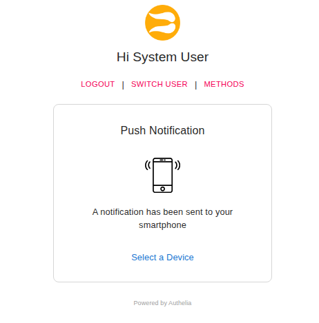 Authelia Push Notification screen: a notification has been sent to your smartphone, with 'Select a Device' link below.