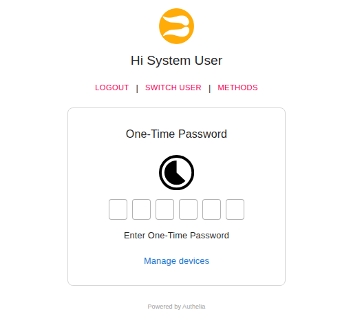 Authelia One-Time Password challenge: six-digit code entry boxes with a countdown timer.