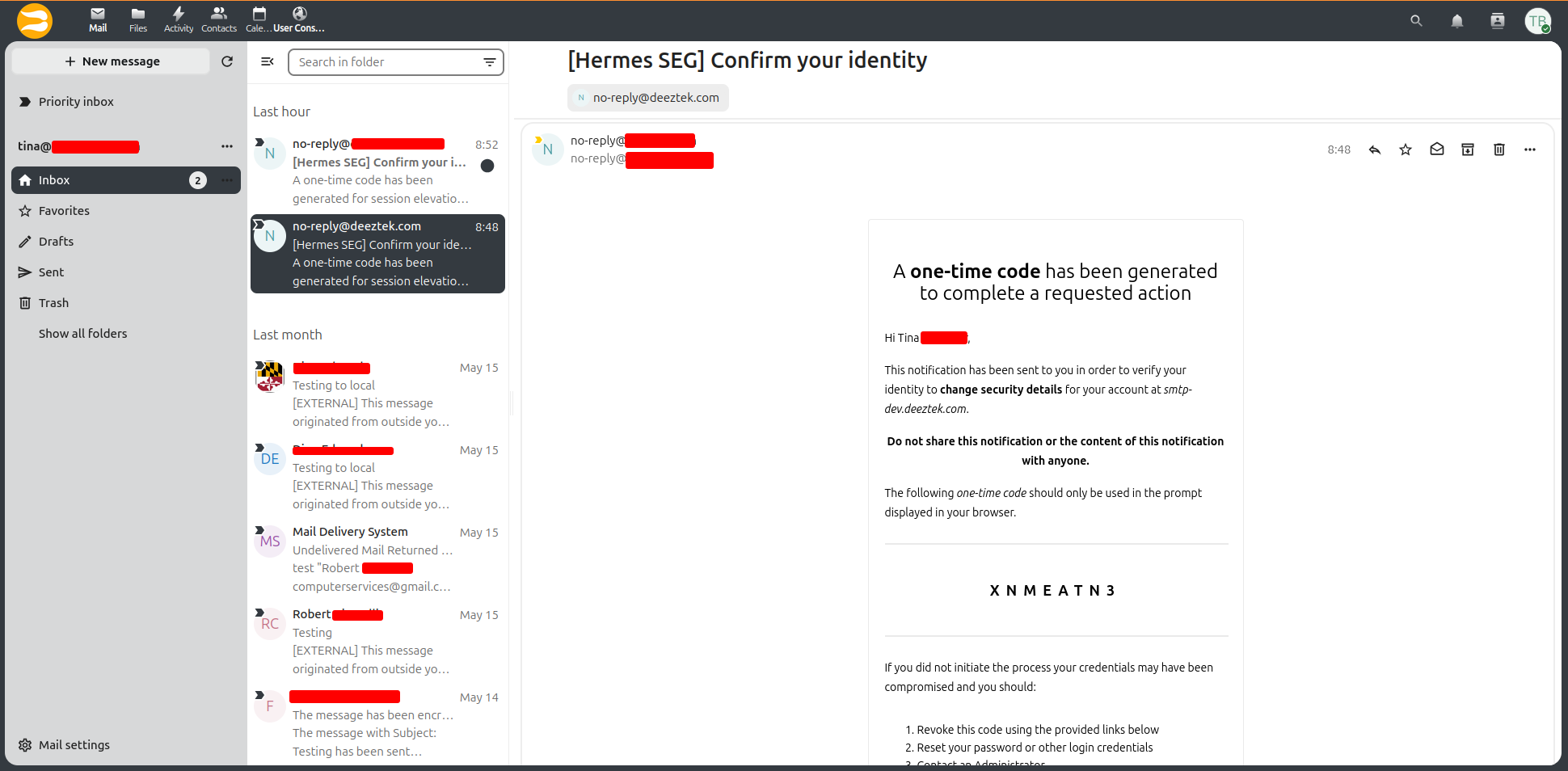 Nextcloud Mail webmail interface: folder list on the left (Priority Inbox, Favorites, Drafts, Sent, Trash), message list in the center, and an open message in the reading pane on the right.