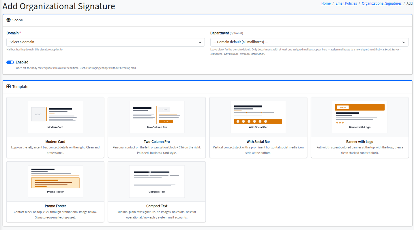 Add Organizational Signature page showing Scope (Domain, Department) and a Template gallery: Modern Card, Two-Column Pro, With Social Bar, Banner with Logo, Promo Footer, Compact Text.
