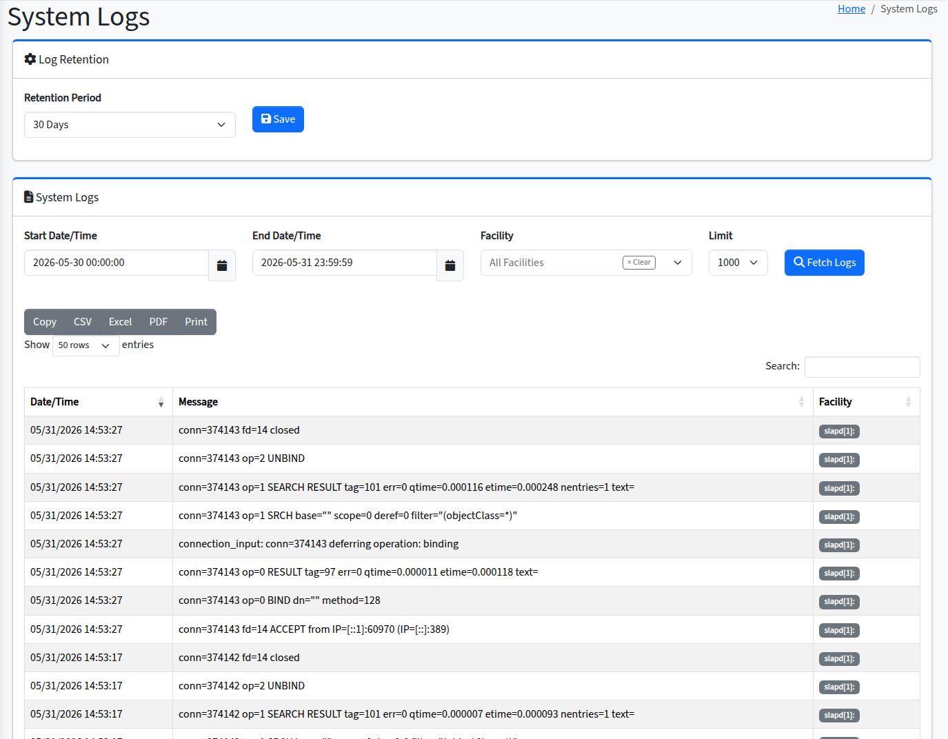 System Logs page with configurable Log Retention period, date/time filters, facility selector, search-as-you-type, and a sortable per-event table with Date/Time, Message, and Facility columns.